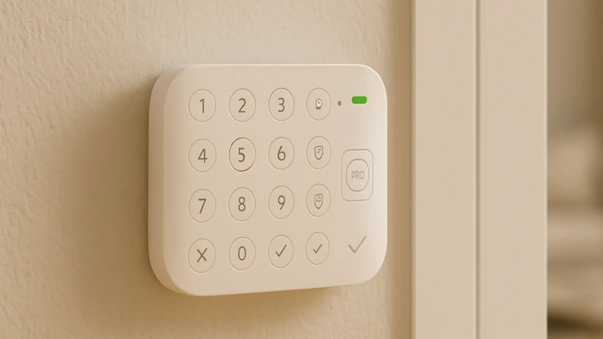 Clavier d'une centrale d'alarme Daewoo fixée au mur d'une entrée