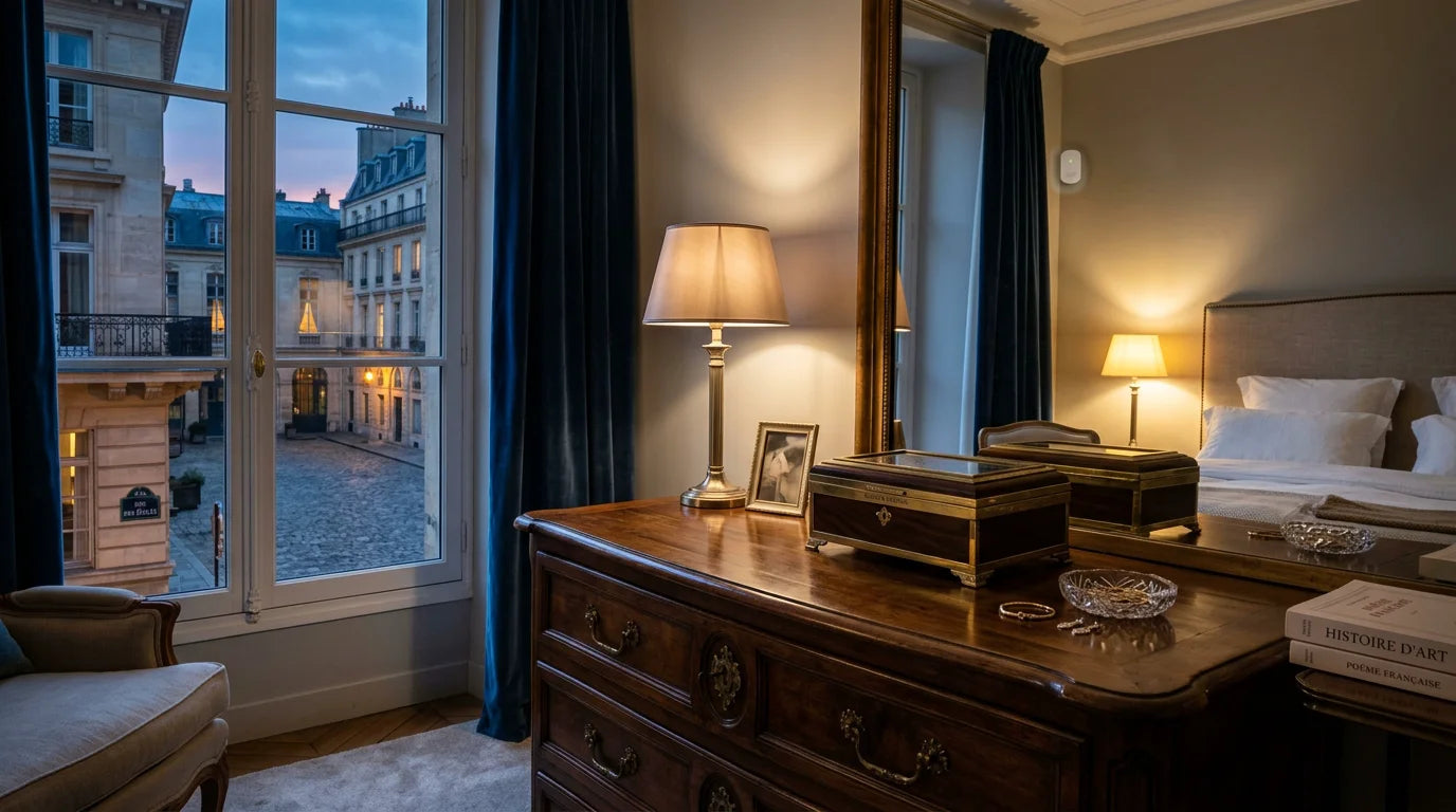 Intérieur de maison au crépuscule avec boîte à bijoux et détecteur d'alarme