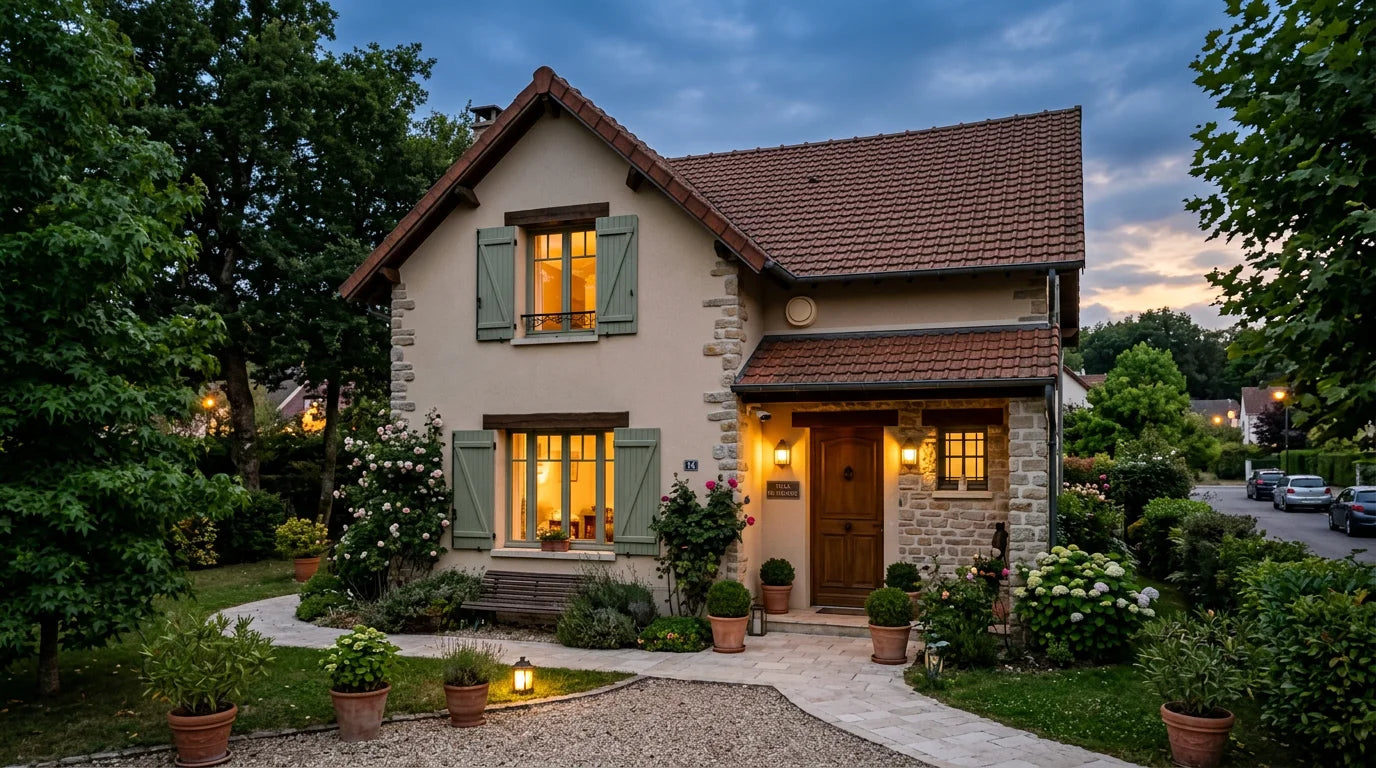 Maison française sécurisée au crépuscule avec sirène d'alarme sans fil