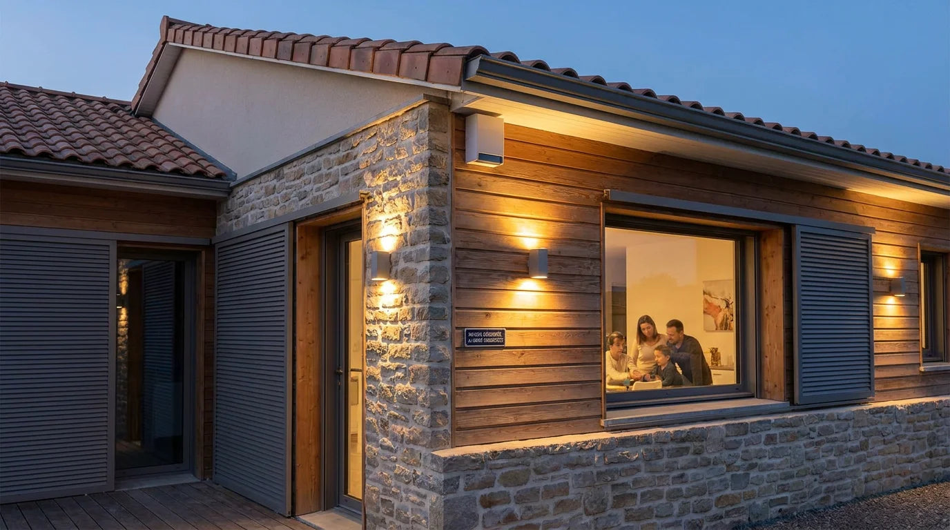 Maison française équipée d'un système de sécurité extérieur au crépuscule