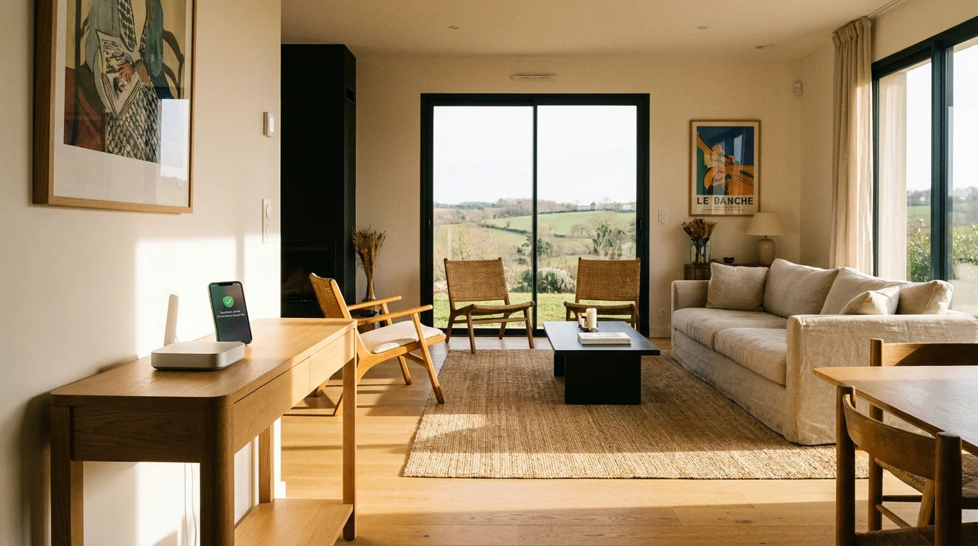 Système d'alarme maison autonome sans wifi dans un intérieur français moderne