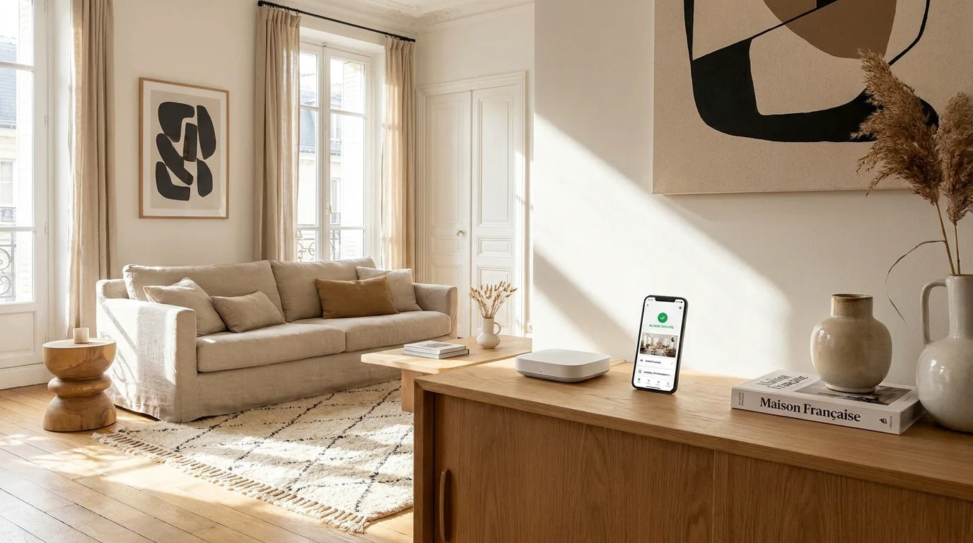 Système d'alarme maison sans abonnement installé dans un intérieur français moderne