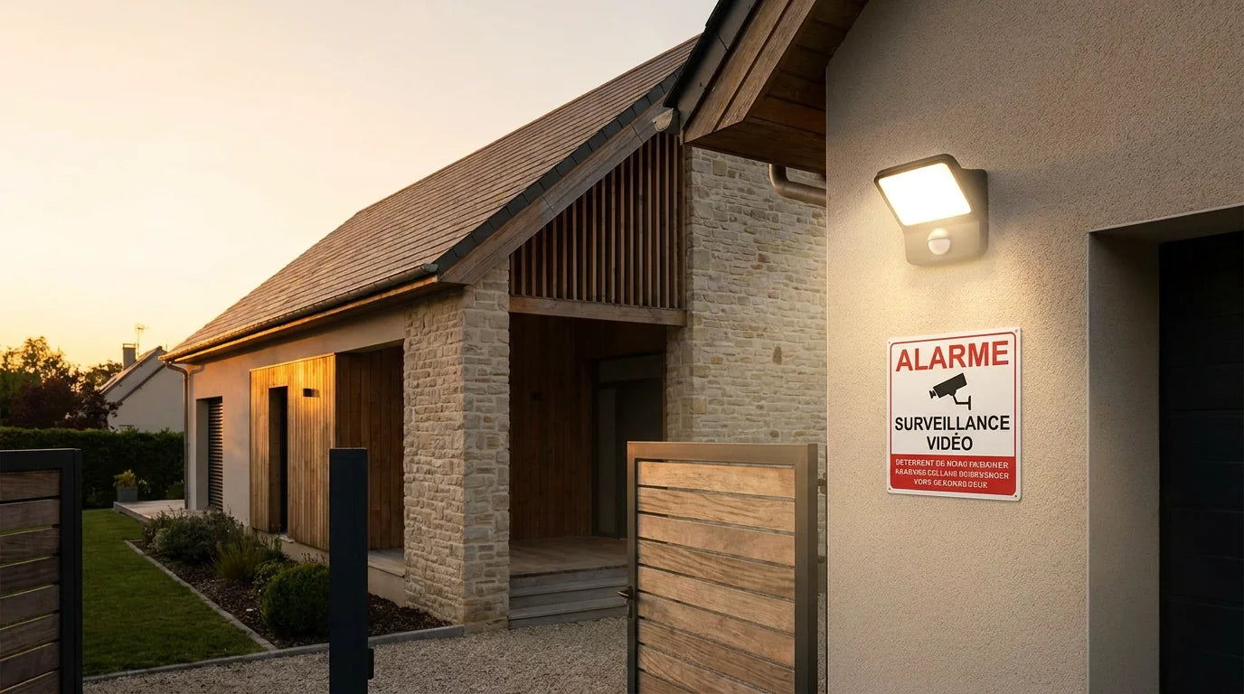 Maison française équipée d'un système d'alarme avec panneau dissuasif visible