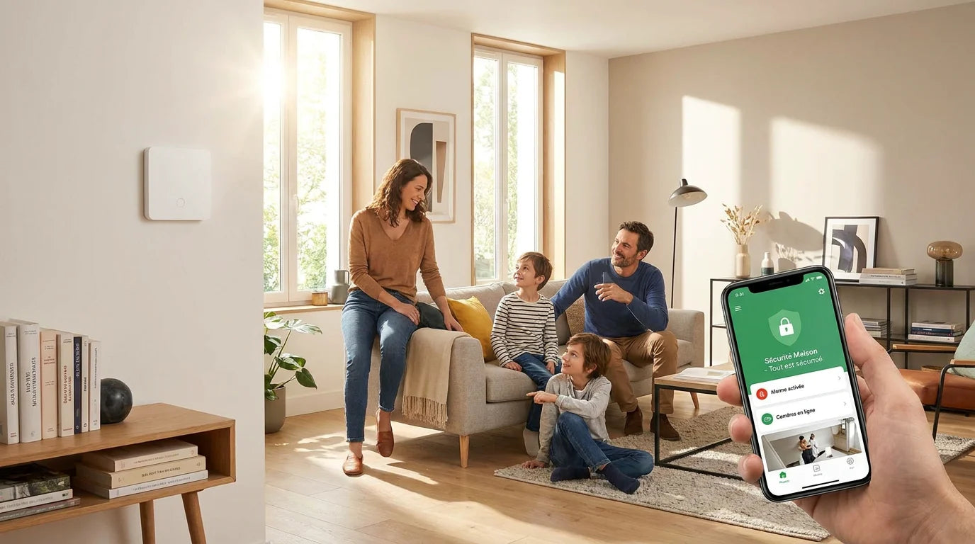 Famille française dans un salon sécurisé par une alarme sans abonnement connectée au smartphone