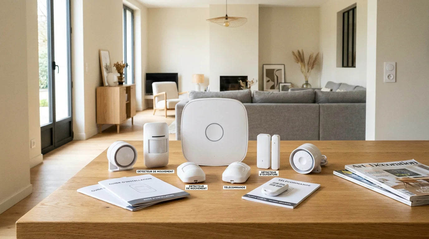 Kit alarme autonome sans fil posé sur une table dans un intérieur moderne
