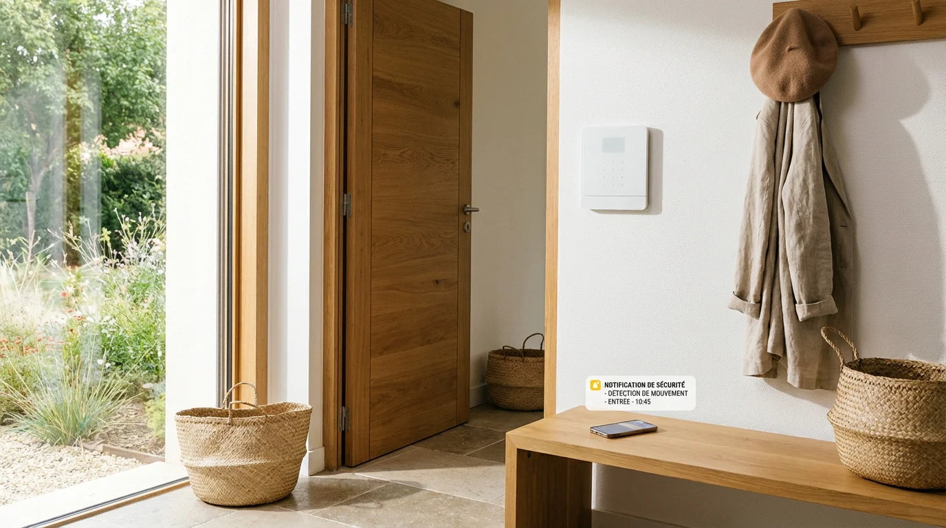 Intérieur de maison française avec une centrale d'alarme connectée et un smartphone affichant une alerte de sécurité