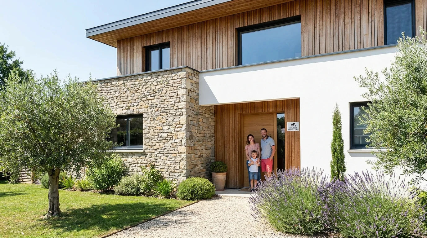 Façade d'une maison française équipée d'un système d'alarme sans fil