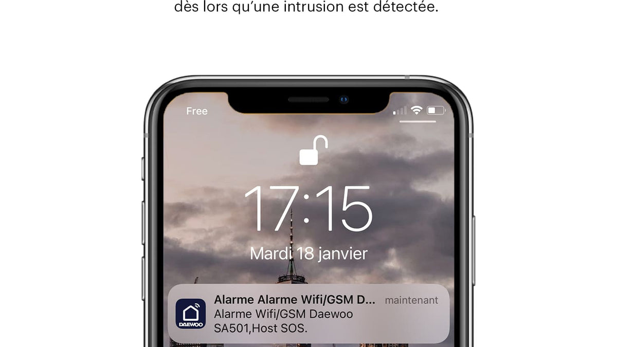 Application Daewoo Home Connect affichant une alerte d'intrusion sur smartphone
