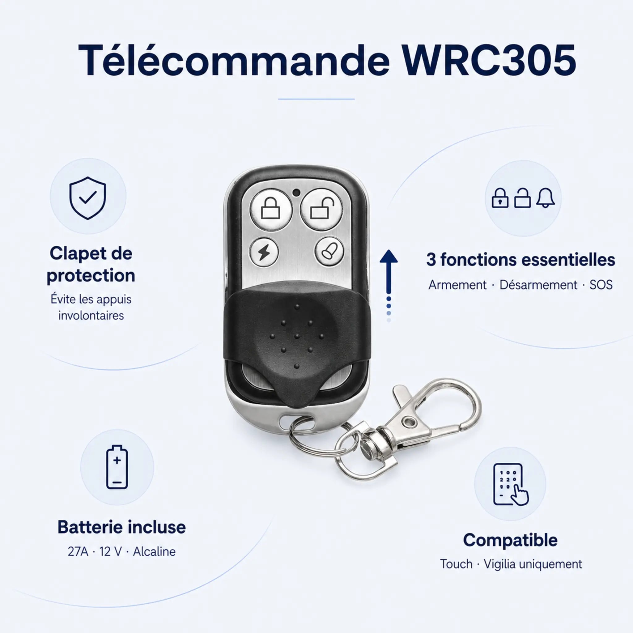 Caractéristiques de la télécommande WRC305 : armement, mode maison et bouton SOS