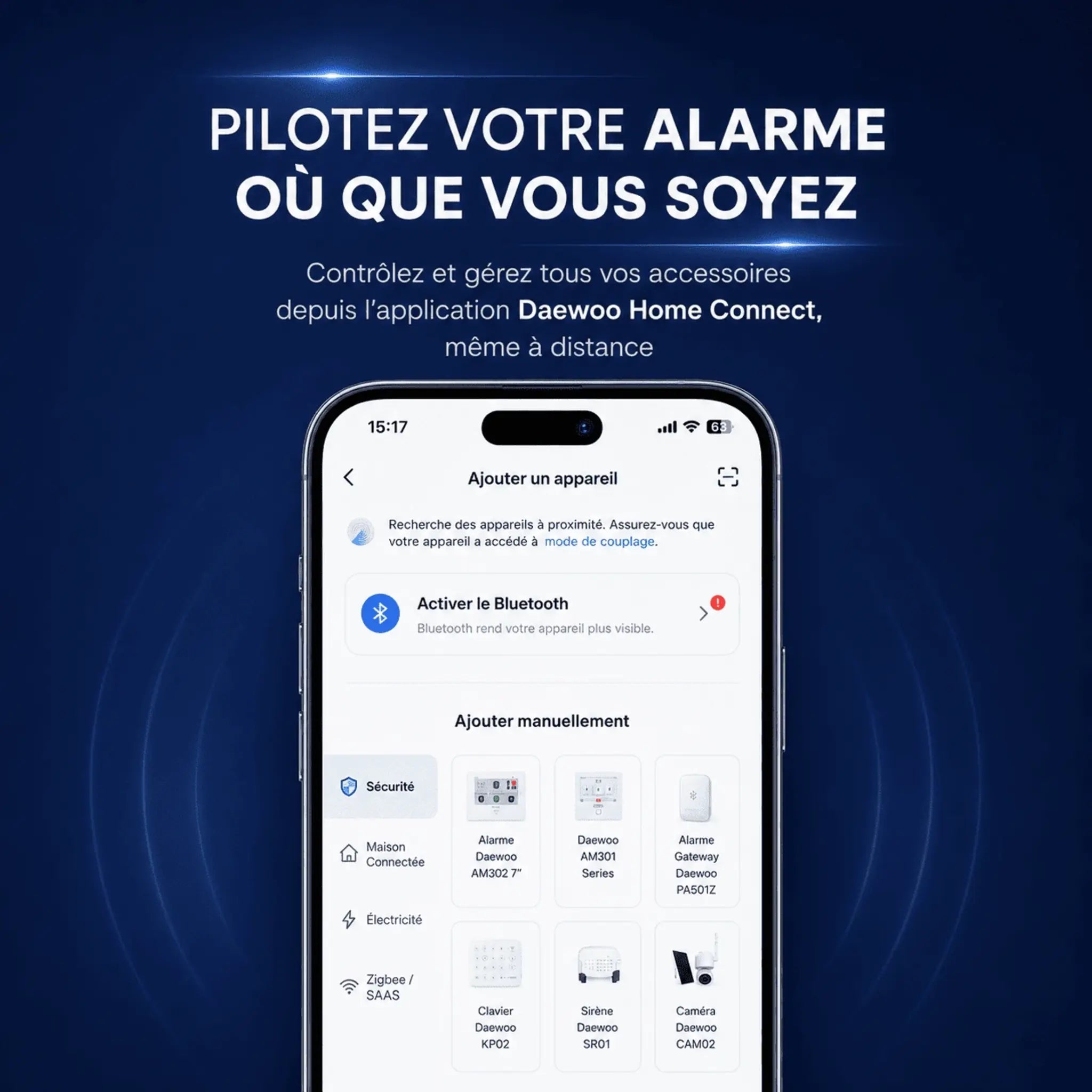 Application Daewoo Home Connect pilotant une alarme à distance