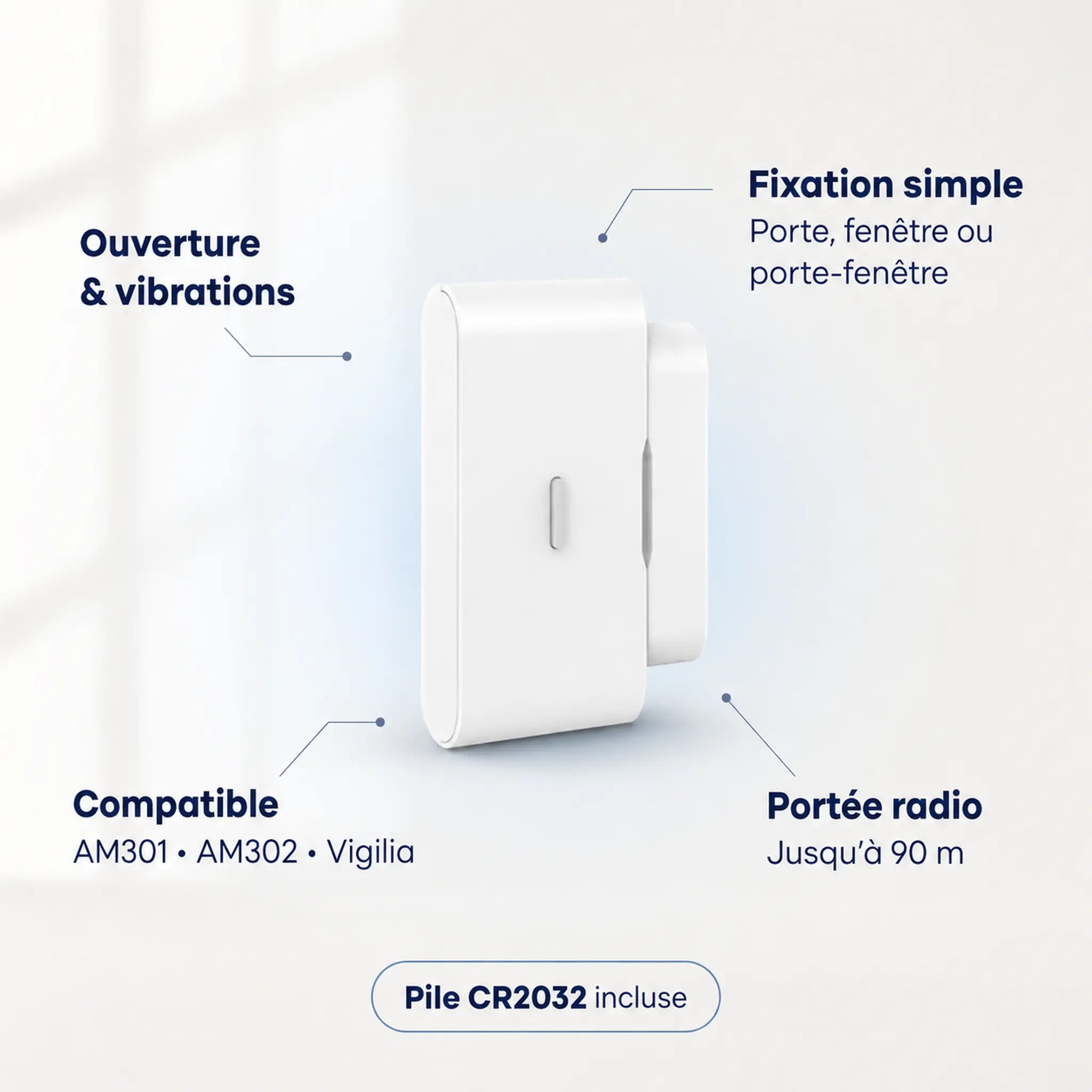 Détail du détecteur WDV301 : module principal, aimant et réglage de sensibilité
