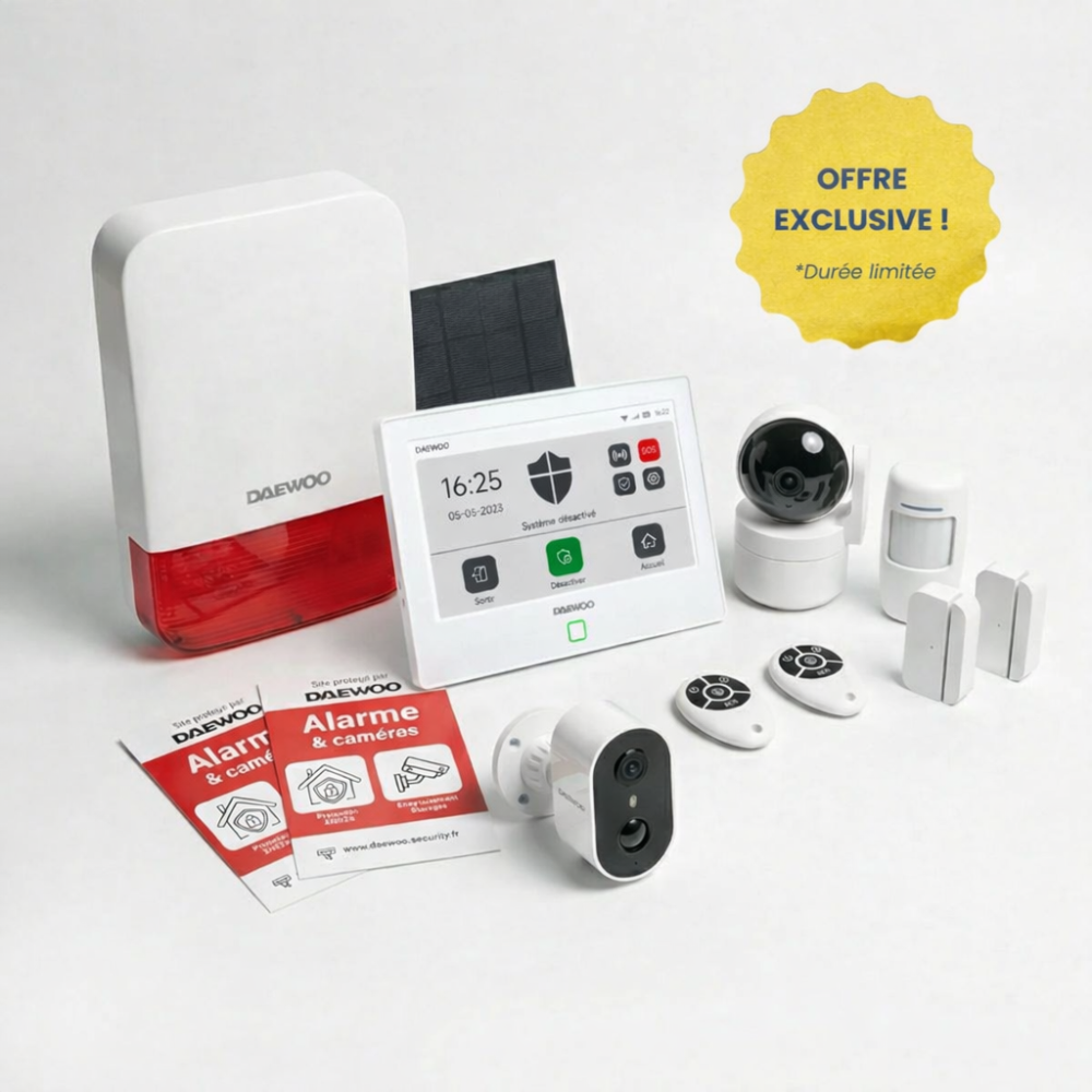 OFFRE LIMITÉE | Daewoo Touch XL + Caméra Extérieure Autonome + Caméra Intérieure – Sécurité Complète Sans Abonnement