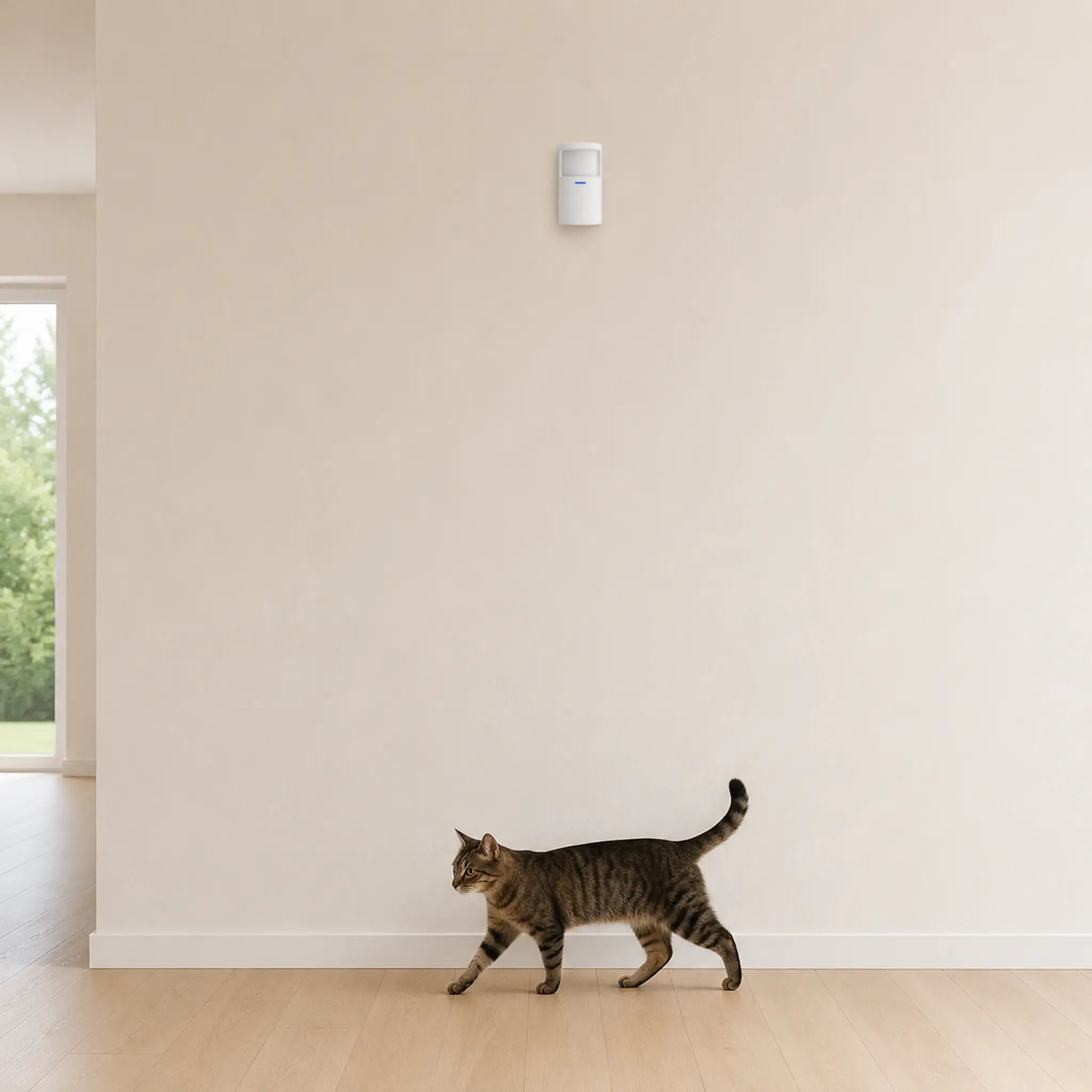 WPS305 installé à 2,10 m du sol, un chat passant sans déclencher l'alarme
