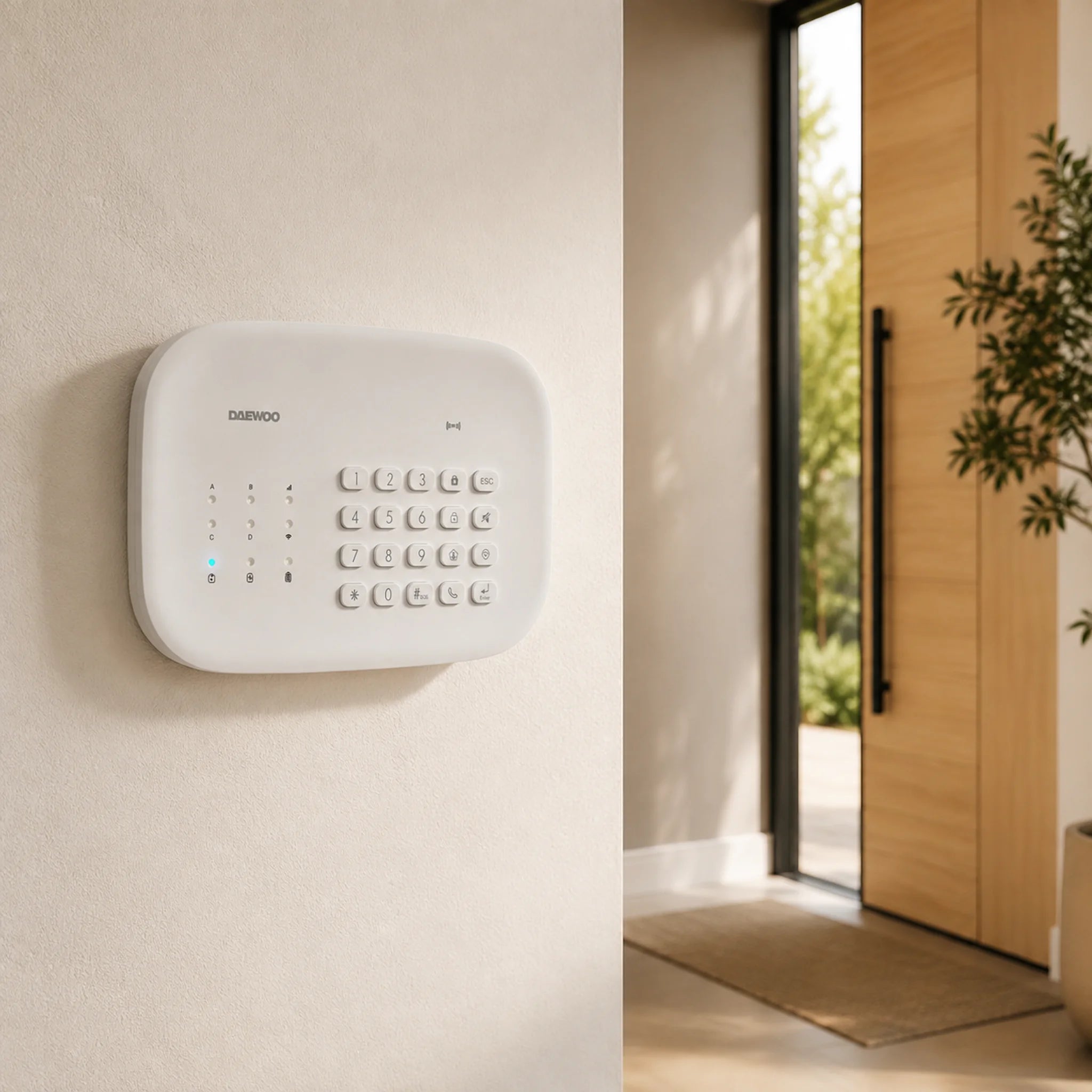 Centrale d'alarme Daewoo Key SA501 installée dans une entrée de maison
