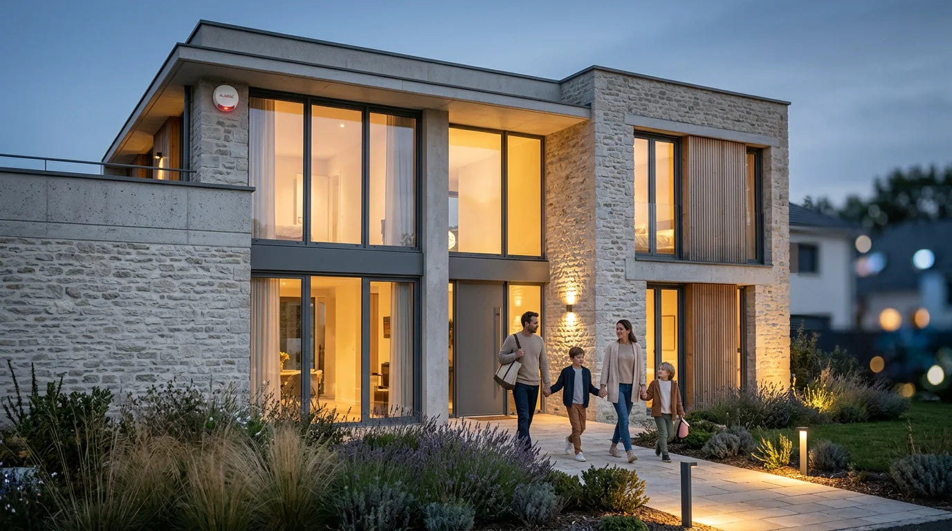 Maison sécurisée par une alarme au crépuscule en France