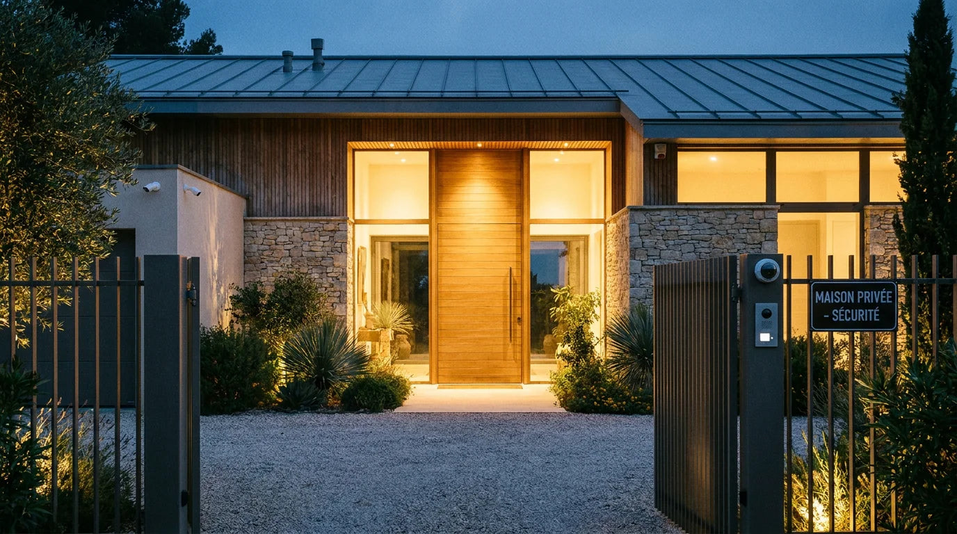 Maison française moderne sécurisée avec éclairage extérieur de nuit