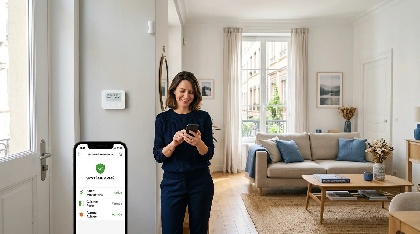 Salon moderne sécurisé par une alarme sans fil avec pilotage sur smartphone