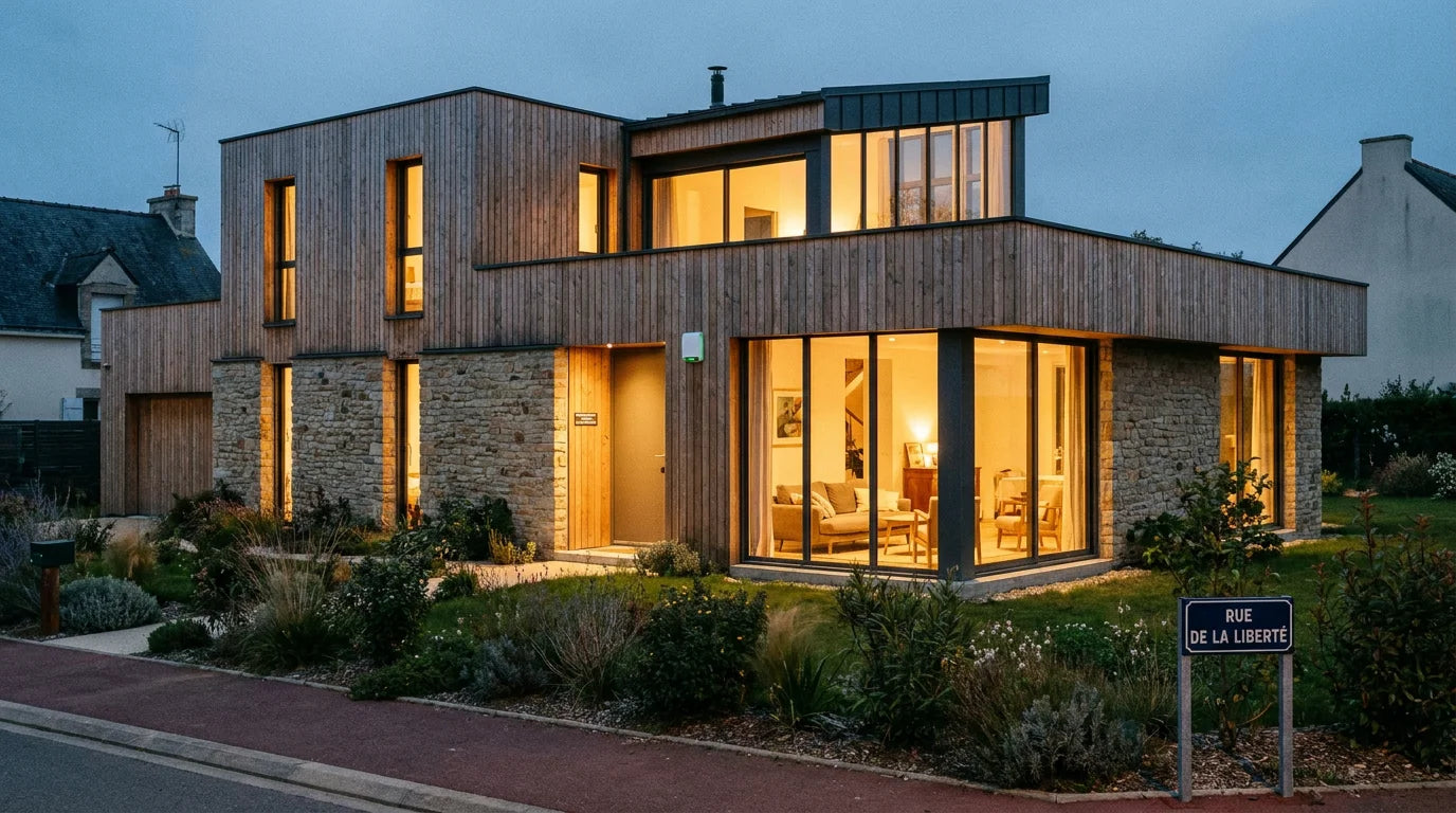 Maison française sécurisée par un système d'alarme sans abonnement au crépuscule