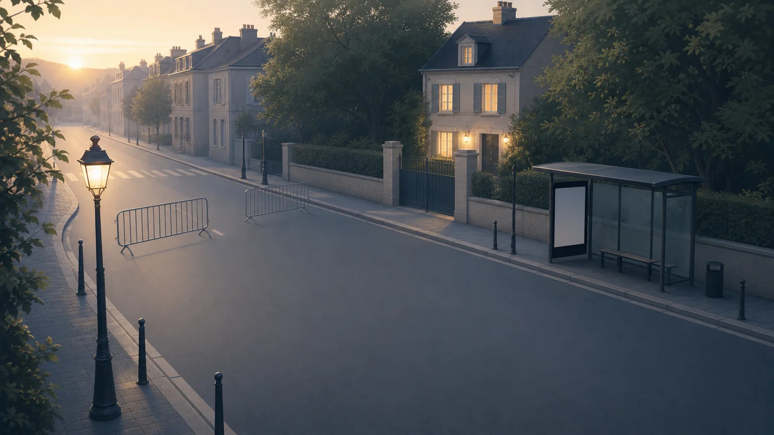 Avenue française calme avec quelques barrières et une maison éclairée