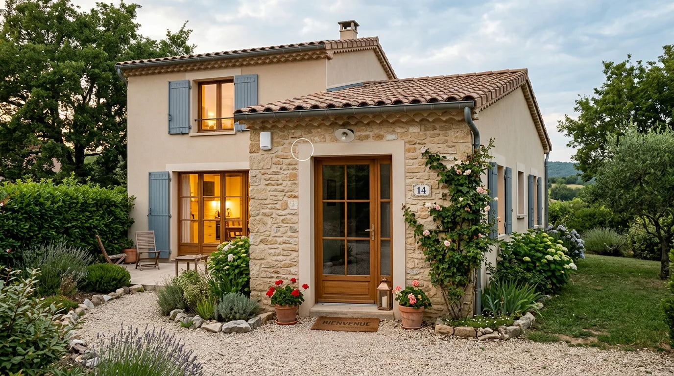 Maison individuelle française sécurisée par une alarme sans fil au crépuscule