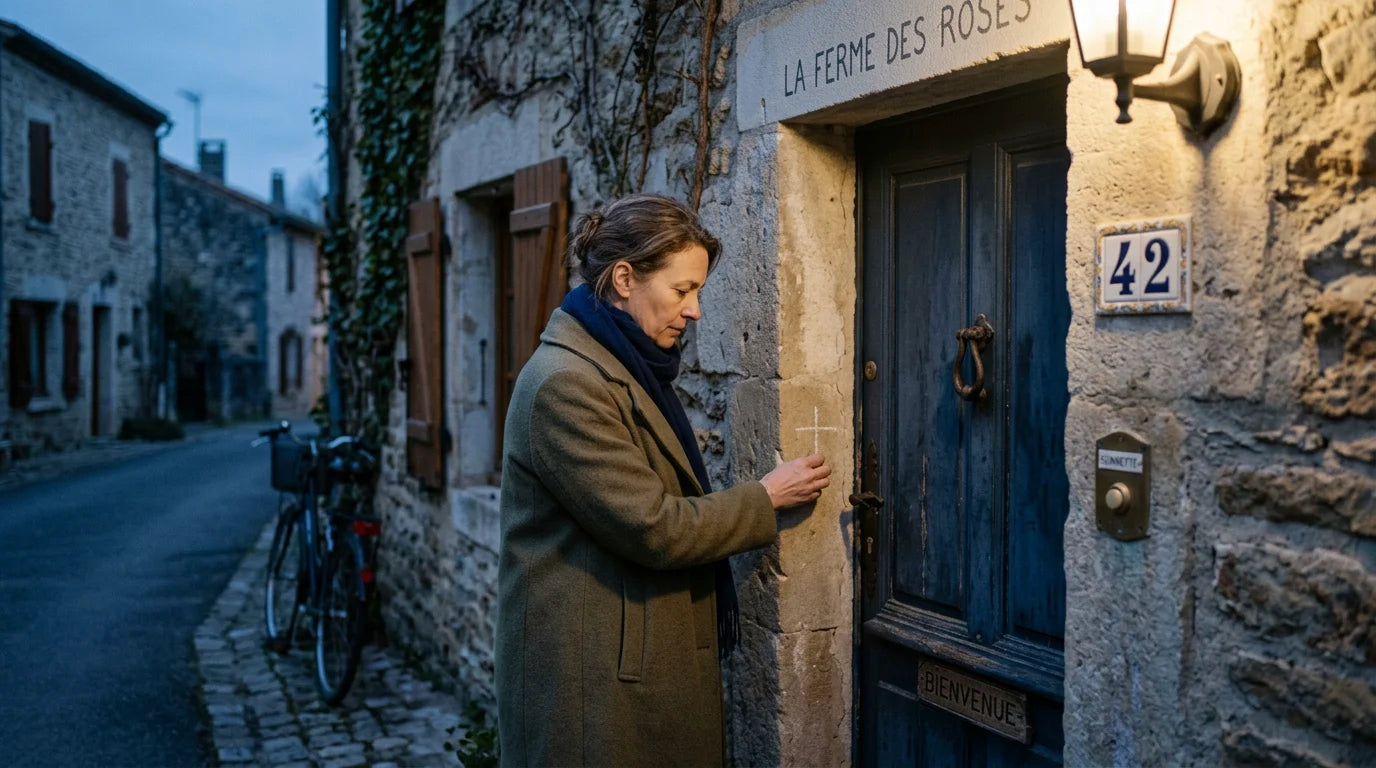 Marque discrète près de l'entrée d'une maison en France examinée par un habitant