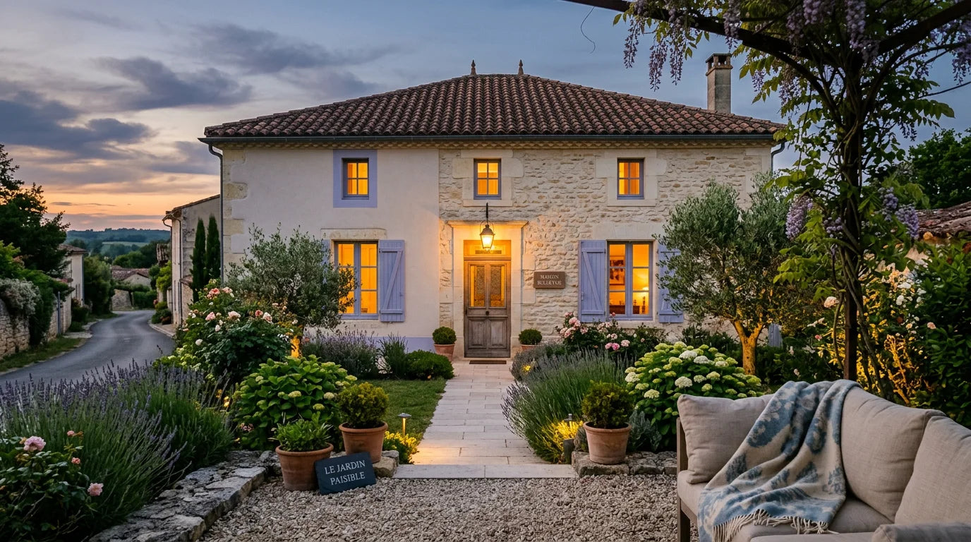 Maison française sécurisée au crépuscule avec fenêtres éclairées