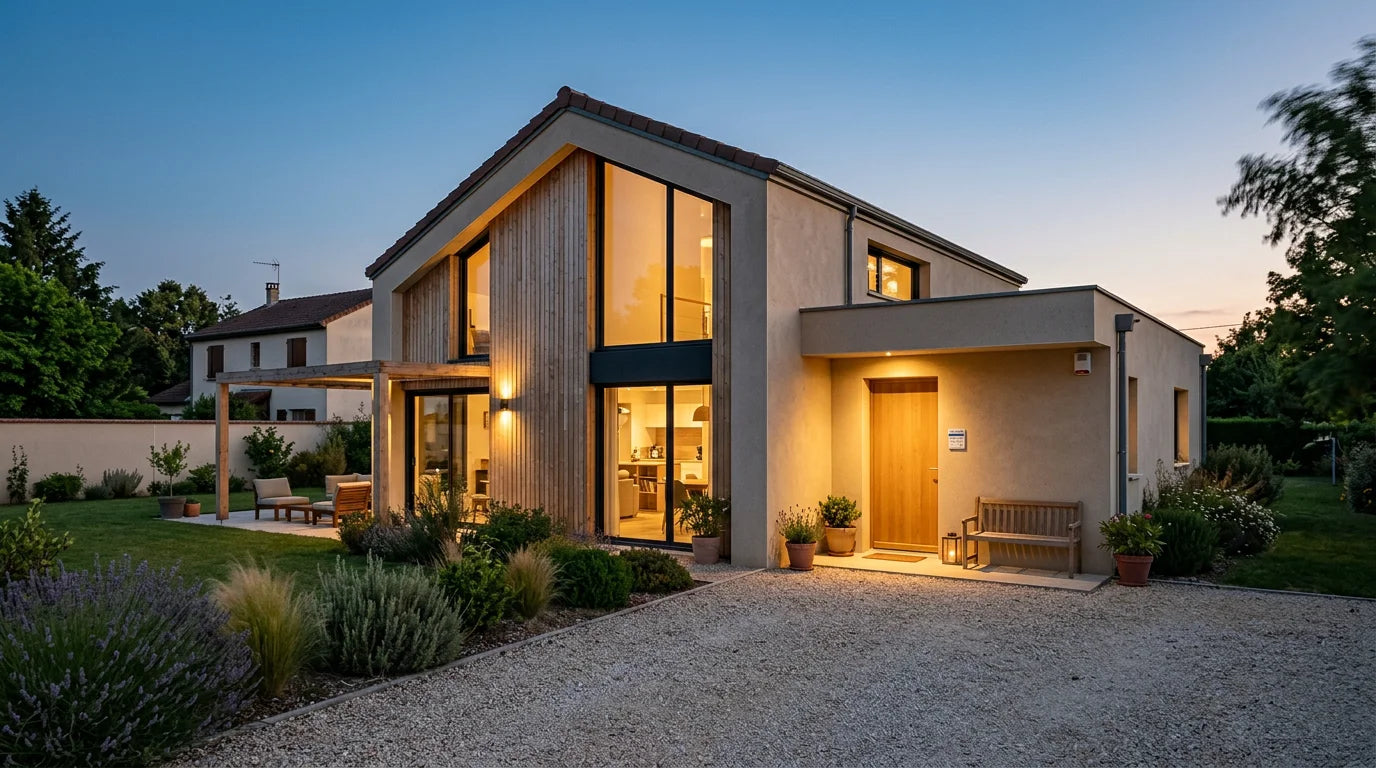 Maison française sécurisée au crépuscule avec système d'alarme