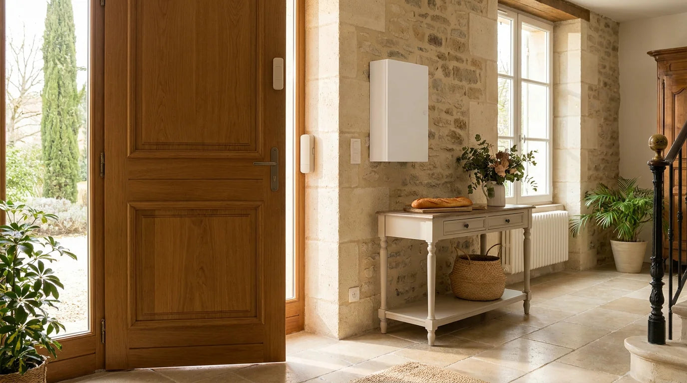 Entrée d'une maison française moderne équipée d'un système d'alarme avec détecteur sur la porte