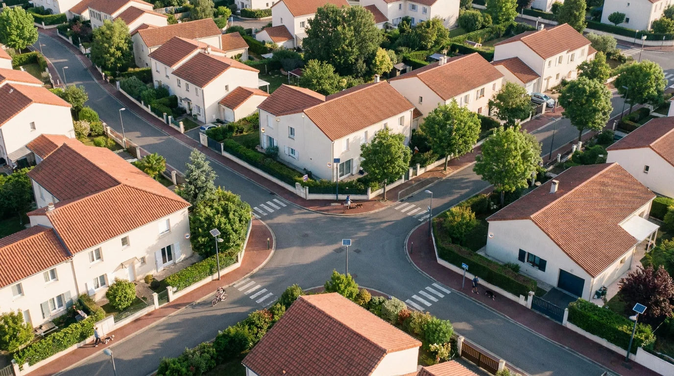 Quartier résidentiel français avec maisons individuelles équipées de systèmes de sécurité discrets