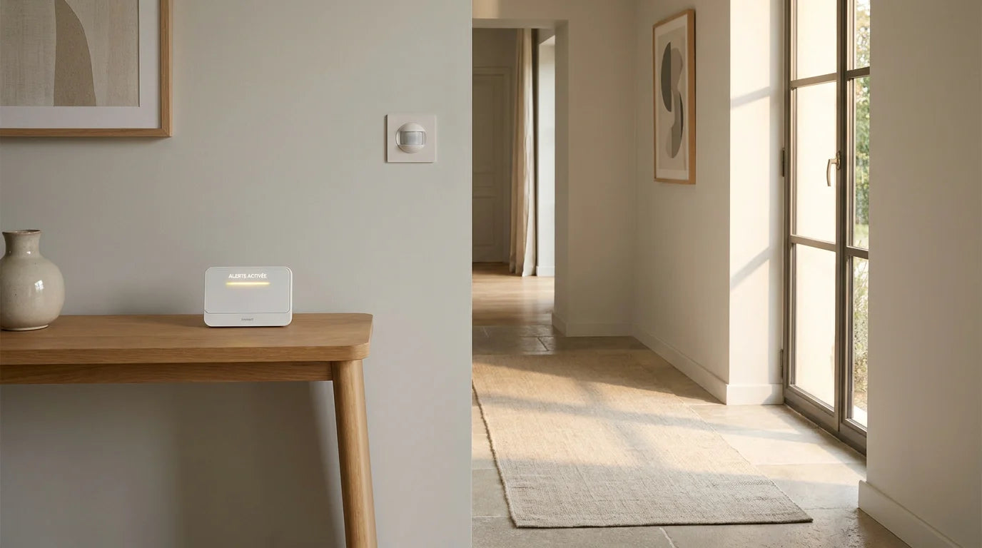 Système d'alarme maison sans abonnement installé dans un intérieur français moderne