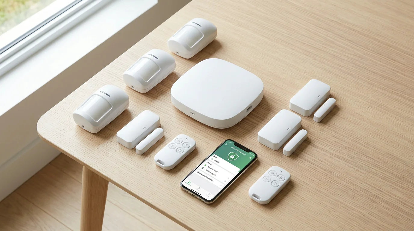 Kit complet d'alarme sans fil sans abonnement avec centrale, détecteurs et smartphone