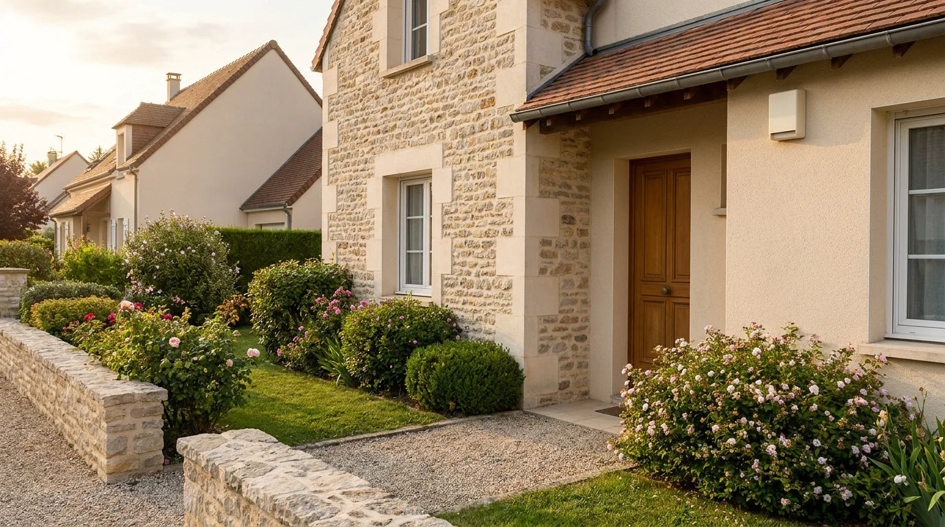 Façade d'une maison française équipée d'un système d'alarme discret