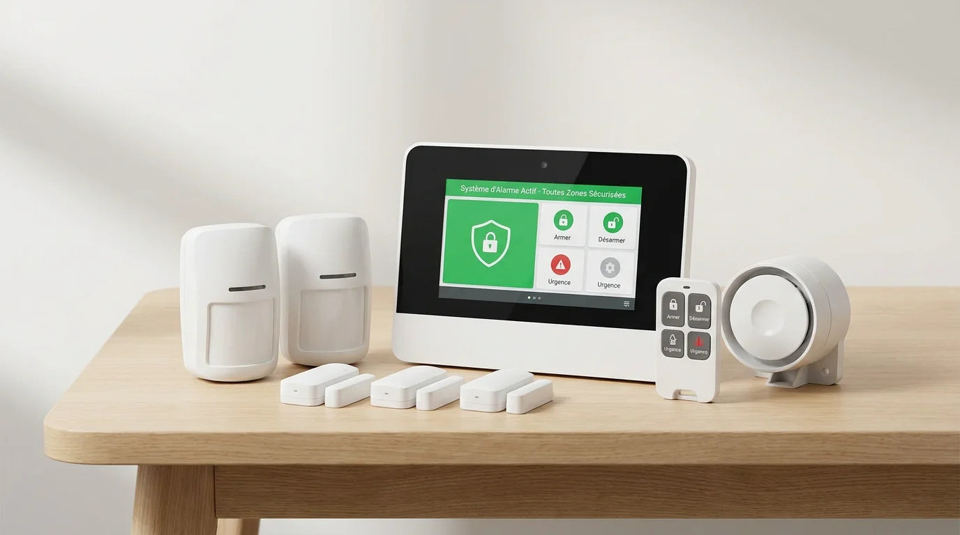 Kit complet d'alarme maison sans fil avec centrale, détecteurs et sirène disposés sur une table