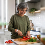 Personne âgée portant le bracelet SOS301 dans sa cuisine