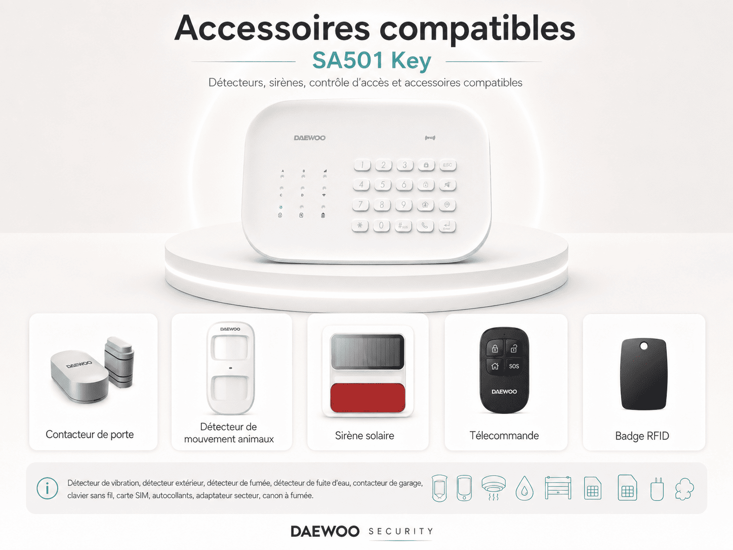 Accessoires compatibles centrale SA501 Key : détecteurs, sirène, télécommande, badge RFID