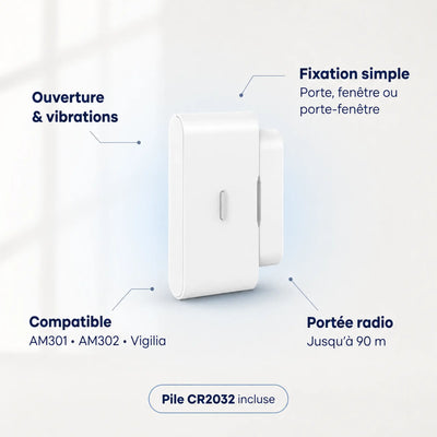 Détail du détecteur WDV301 : module principal, aimant et réglage de sensibilité