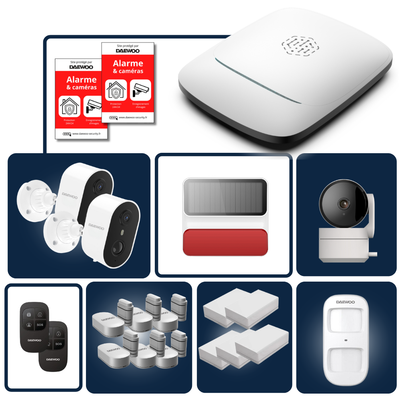 Pack Alarme Defense+ | Centrale Élite - Kit comprenant 15 Accessoires + 2 Caméras autonomes Extérieure & 1 Intérieur | PA571