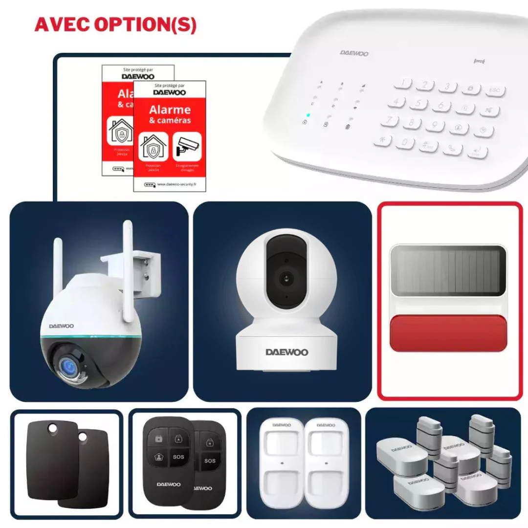 Daewoo • Alarme Maison Sans Fil Pack Premium • 2 Caméras Wi-Fi Incluses • Compatible Animaux • Alerte GSM/4G • Installation Facile • Sans Abonnement