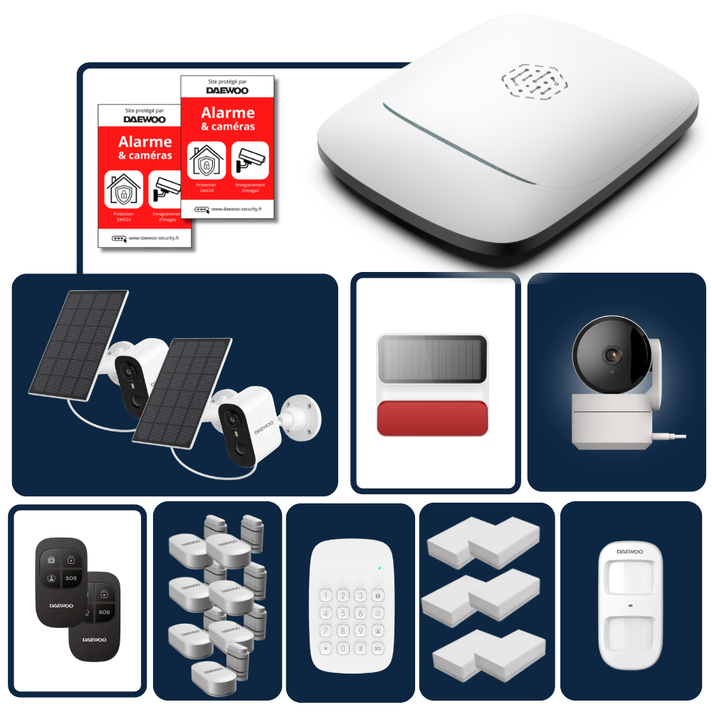 Daewoo - Pack Alarme Maison Sans Fil Elite (Horizon+) PA572 - Centrale PA501Z - Kit XXL 18 Accessoires + 2 Caméras Solaires Extérieures & 1 Intérieure