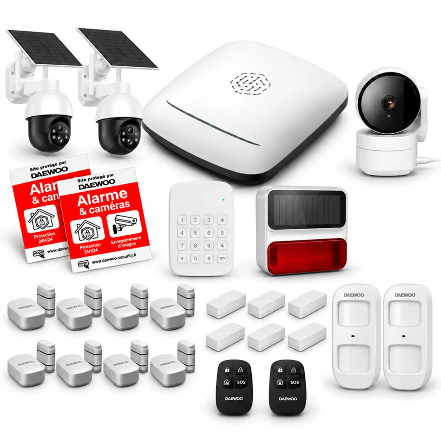 Pack Alarme Tranquillité+ : centrale Élite PA501Z, 14 capteurs Zigbee, 2 caméras solaires motorisées et caméra intérieure