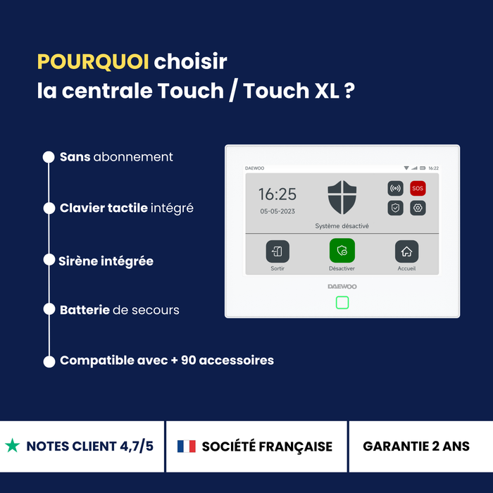 Centrale Touch AM301 — sans abonnement, clavier tactile, sirène et batterie intégrées