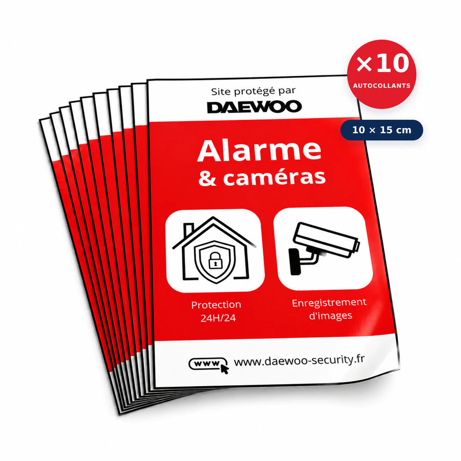 Pack de 10 autocollants Site protégé Daewoo, alarme et caméras