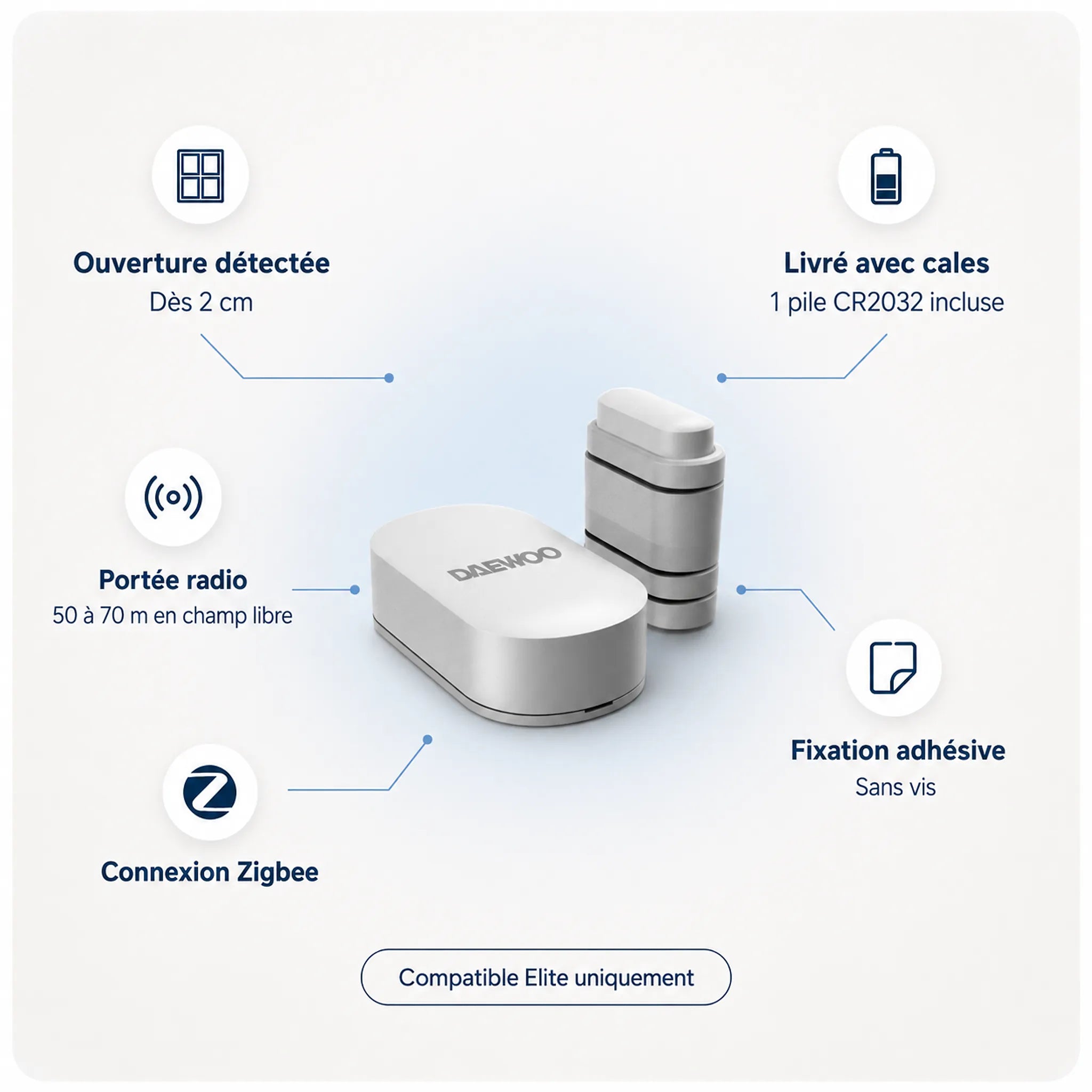 Caractéristiques du contacteur d'ouverture Zigbee Daewoo WDS502Z
