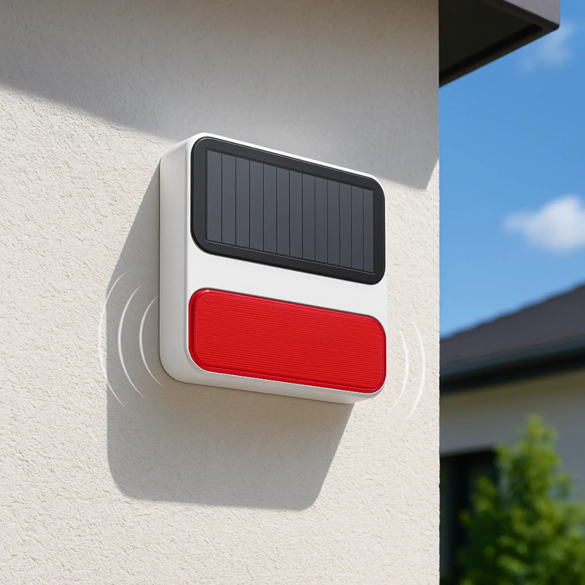 Sirène extérieure solaire Daewoo WOS501S installée en façade de maison